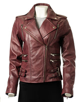 Ladies Burgundy Buckled Asymmetric Biker Style Leather Jacket: Angelica